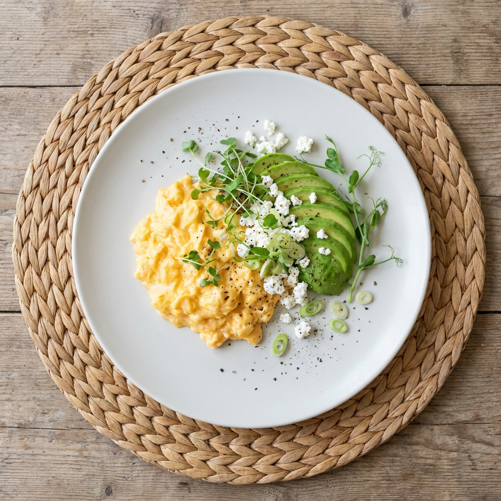 Uova strapazzate keto con avocado, fiocchi di latte e germogli, vista dall alto